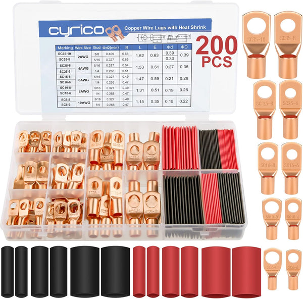 200pcs Battery Cable Ends, Copper Wire Lugs AWG 2-10 Gauge with Heat Shrink Assortment Kit