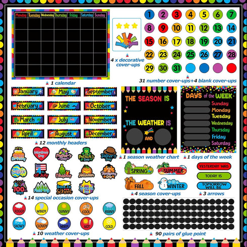 Calendar Bulletin Board Set - Seasons Weather Chart Display with Stickers for Classroom