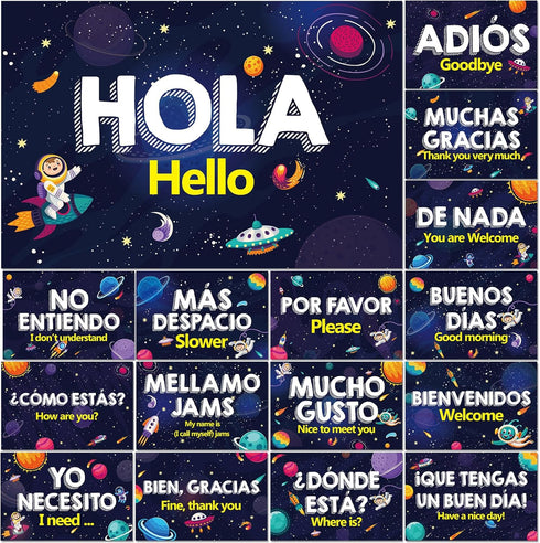 gisgfim 16 Pcs Spanish Words and Phrases Poster Set, Bulletin Board Study Spanish Classroom Decoration for Teachers