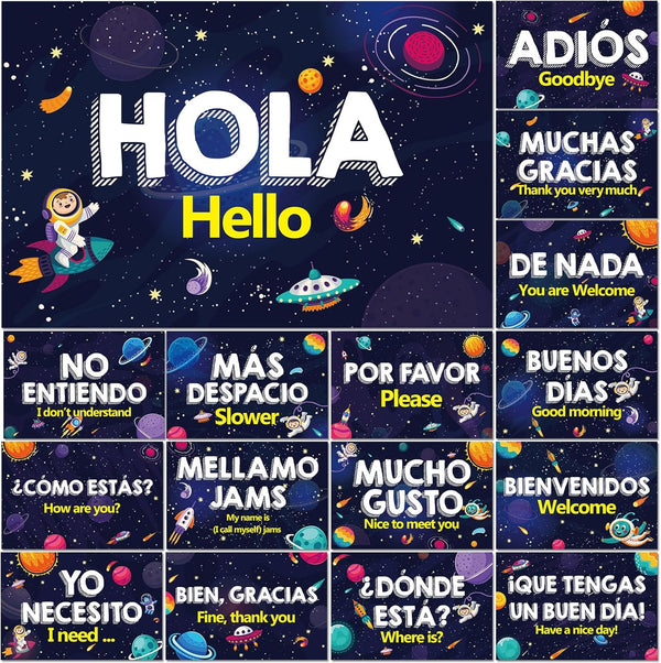 gisgfim 16 Pcs Spanish Words and Phrases Poster Set, Bulletin Board Study Spanish Classroom Decoration for Teachers