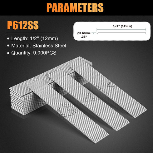 P612 9,000 PCS/BOX Headless Pin Nails, 23 Gauge 1/2'' (12mm) Stainless Steel Fasteners for Pneumatic Nail Gun