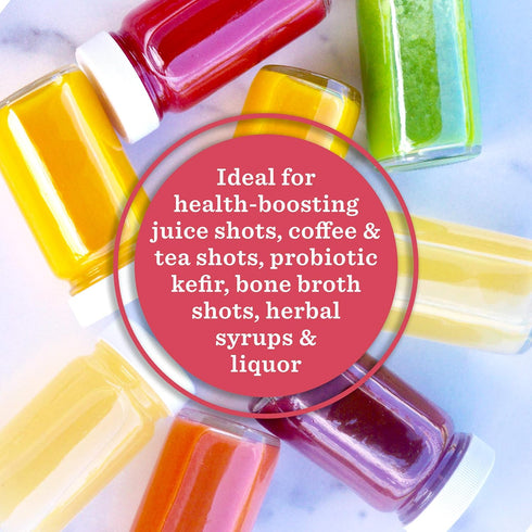 2 oz, (16 pack) Juice Shot Bottles with Caps - Wide Mouth for Juicing, Beverage Storage, Liquids, Clear Small Glass