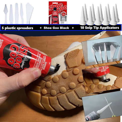 Shoe Goo Black Shoe Repair Adhesive Bundle: Includes 10 Snip Tip Applicators and a Set of 5 Plastic Spreader Tools by 203Brands to Provide Optimal Spread on Any Given Angle or Surface