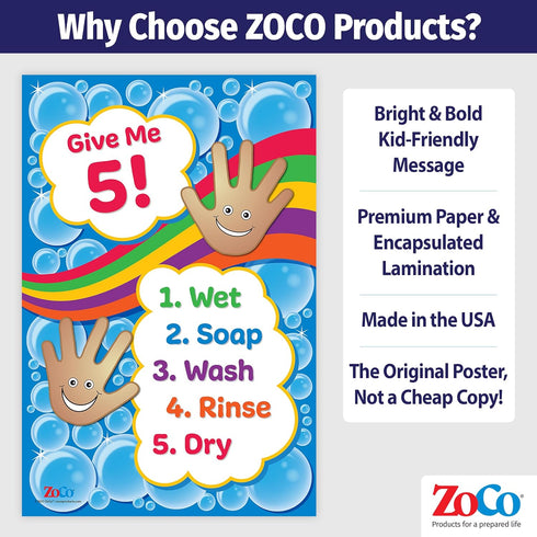 Safety Magnets ZOCO Handwashing Poster, Wash Your Hands Sign for Kids, Laminated 12x18, Classroom Decor