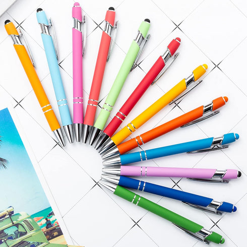 PASISIBICK 12 Pieces Rainbow Rubberized Ballpoint Pen with Stylus Tip, Premium Metal Pen (Pack of 12)