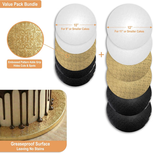 10 12 Inch (12 Pack) 1/2" Sleek Cake Drums & in White, Gold & Black Color | Thick CakeBoard Circle Rounds + Free Prop
