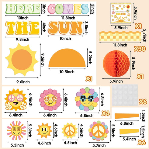 Retro Here Comes The Sun Bulletin Board Decorations, 84Pcs Groovy Hippie Boho Cutouts for Classroom
