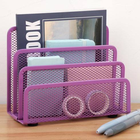 EASEPRES Desk Mail Organizer, Small Letter Sorter, Metal Mesh with 3 Vertical Compartments, Purple 1 Pack