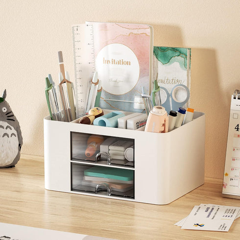 Marbrasse Multi-Functional Pen Organizer with 2 Drawers, 5 Compartments for Desk, Office Art Supplies (White)