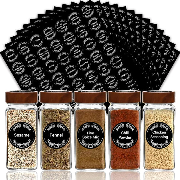 672 Preprinted Spice Labels Book with AZ Index, Minimalist Black Round Stickers
