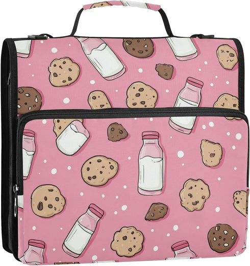 Fisyme 3 Cookies Cute Milk Bottles Zipper Binder Ring with Zipper and Shoulder Strap Large Capacity Multi-Pocket Binder