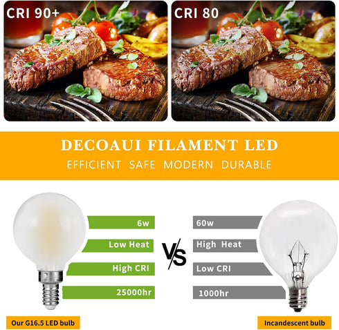 Decoaui E12 G16 Bulbs, Bulb, 6W (60W 600 4000K Dimmable, 6 Pack LED Globe Light Small Golf Ball Size Round Equivalent)