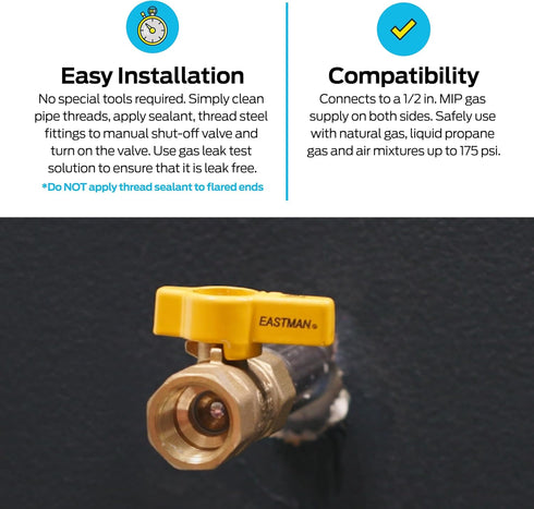 Eastman 1/2 Inch FIP Gas Ball Valve, Brass Connectors for Natural Gas and Liquid Propane, 60009B