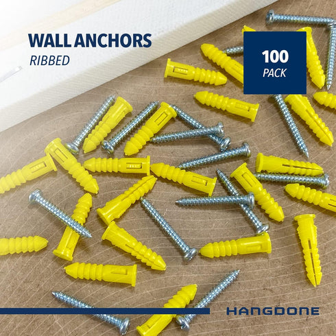 Ribbed Wall Anchors #4-#6 7/8-Inch, 100-Pack Yellow Plastic Anchors with Screws for Drywall/Concrete