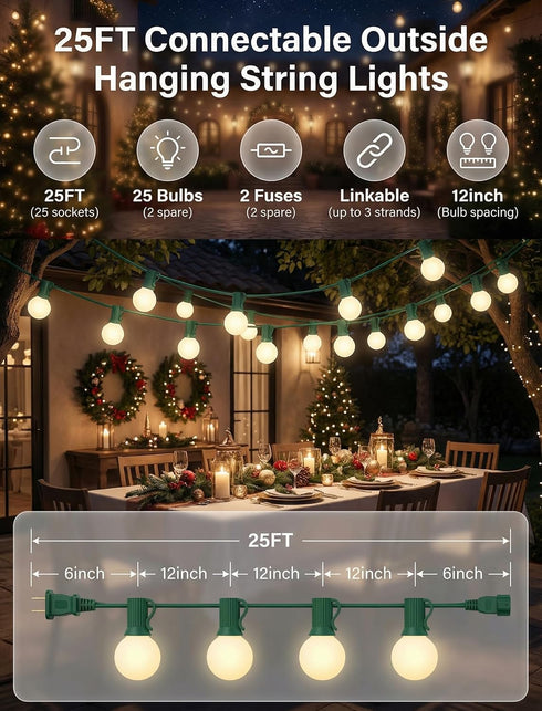 25FT G40 27 Bulbs,Outdoor Frosted Christmas Lights,Globe Christmas Lights with Frosted White String Lights for Outside