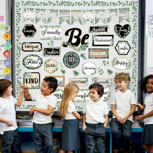 Back to School Eucalyptus Motivational Classroom Bulletin Board Decorations, Greenery Inspirational Quotes Cutouts