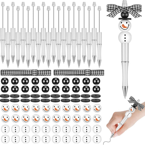 Beadable Pens Bulk - Winter Bead Pens with Snowmen Wooden Beads, Black Ink Pen for Christmas Kids School Supplies
