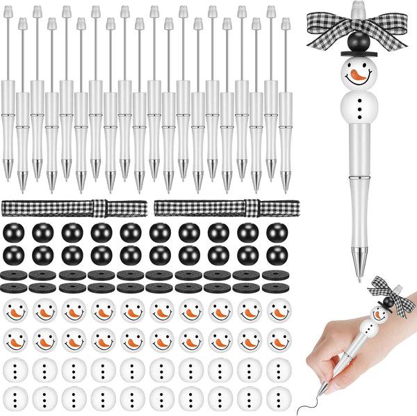 Beadable Pens Bulk - Winter Bead Pens with Snowmen Wooden Beads, Black Ink Pen for Christmas Kids School Supplies