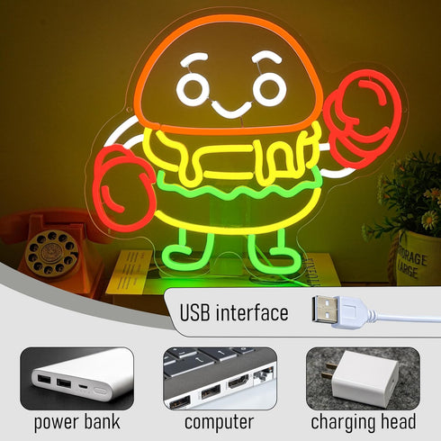 Dimmable Snack(12.6 14.96In) Boxing Hamburger Neon Sign Food Burger Neon Light Hamburg Boxing Led Light Sign for Wall