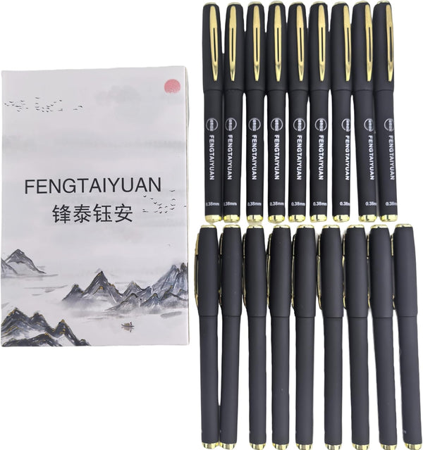 Fengtaiyuan 038P18 Black Gel Ink Rollerball Pens, Comfortable Grip, Ultra Fine 0.38mm, 18-Piece Box