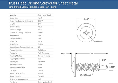 #8 x 3/4" Phillips Modified Truss Head Self-Drilling Tek Screw - Zinc-Plated Steel, Pack of 100