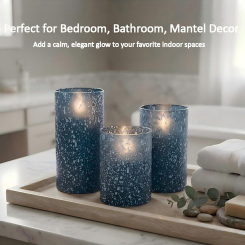 Set 3, Blue Flameless Candles with Remote, Battery Operated Pillar Candles of Flickering Real Wax LED Candles