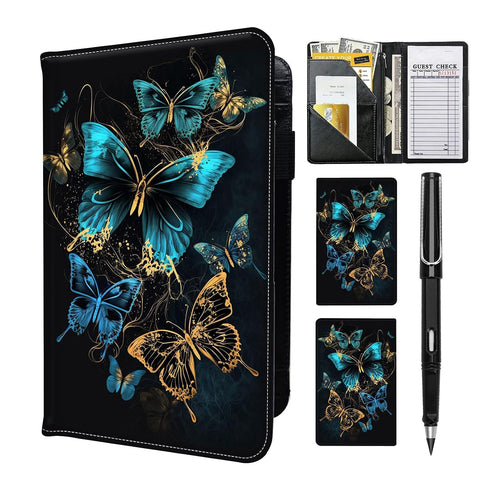 RAUEDWDJS Server Book for Waitress with Everlasting Pencil, Money Pocket Leather Wallet Booklet,