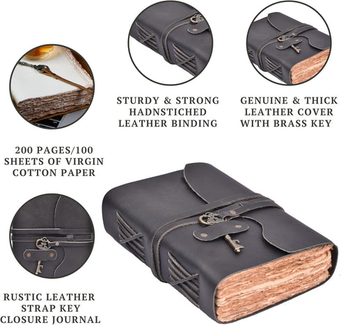 Vintage Leather Journal by LEATHER VILLAGE, 200 Handmade Deckle Edge Paper, Black, 6X4 inches (A6) with Key Closure