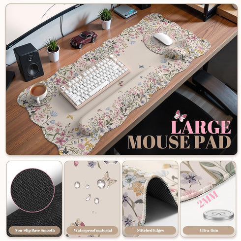 iCasso Set,Large Desk Mat Mouse Pad with Wrist Rest,Ergonomic Keyboard Wrist Support for Women,Girly Floral Computer