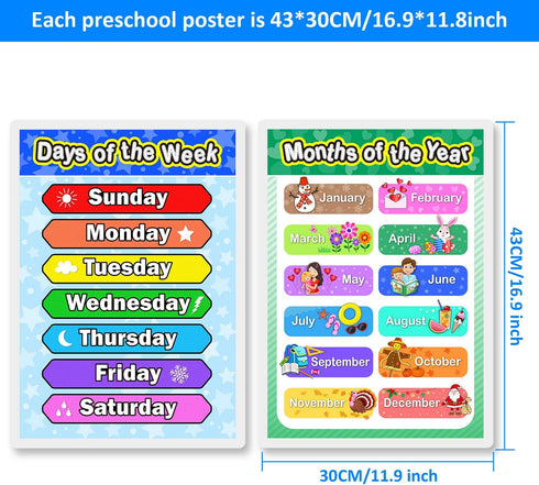 Blulu Laminated Preschool Poster Set, 2 Pieces Full Laminated Days of the Week and Months of the Year for Kids