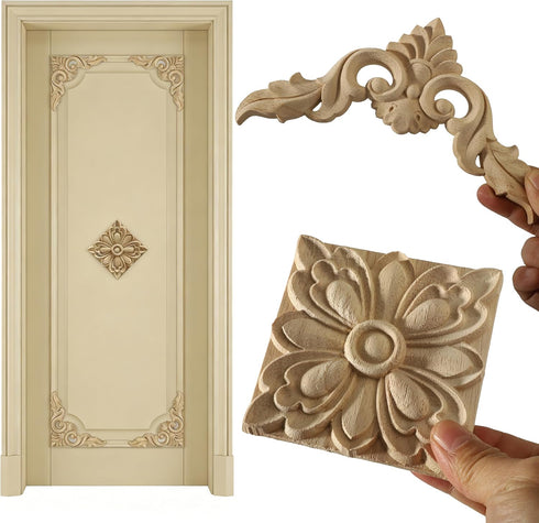 Nsrisml 5Pcs (12x12cm/4.72"x4.72") Wood Carved AppliquesOnlays Unpainted Wooden Corner Carving Decals for Mirrors