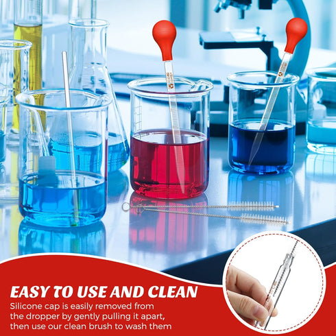 Weewooday Glass Droppers Pipettes, Graduated Lab Dropper with Big Rubber Hats, 20 cm Glass Stir Rod Washing Brush