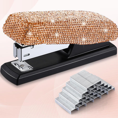 Bling Crystal Stapler Gift, Sparkly Diamond Stapler for Desk, Handmade Clay Rhinestone Machine Stapler (Champagne Gold)