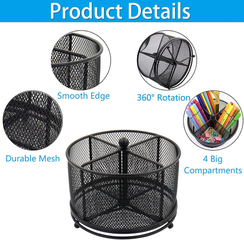Pen Holder for Desk, 360 Rotating Mesh Pencil Organizer Marker Storage Caddy, Black Large Capacity Desktop Stationery Organizer, 4 Compartments for Home Office School Kids Art Supplies by Flytreal