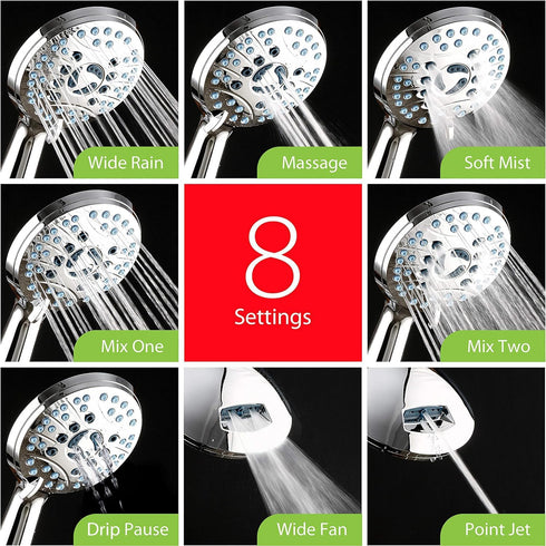 8-mode Nozzles, 6 AquaCare High Pressure Handheld Shower Head - Anti-clog Built-in Power Wash to Clean Tub, Tile