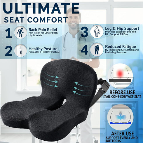 SOWAXGO Tailbone, Memory Foam Seat Cushion for Truck Drivers, Office Chairs, Car Seats, Sciatica Relief Pillow