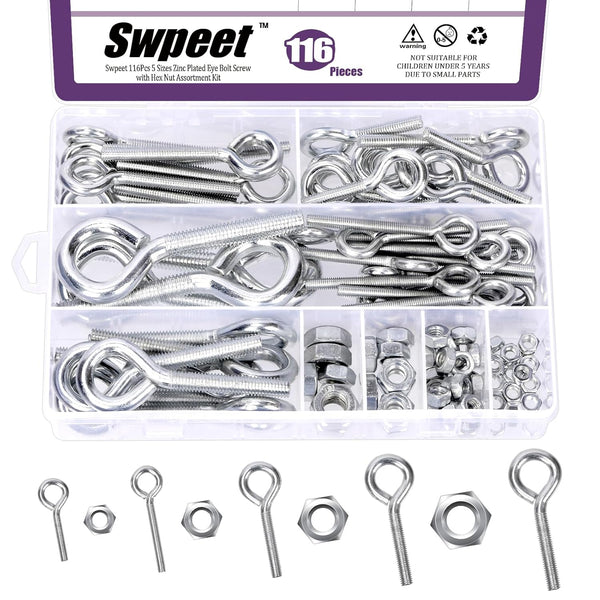 Swpeet 116Pcs 58 Set Carbon Steel Eye Bolt Screw with Nut Assortment Kit, Screw Eyes for Ornaments, Toys, Craft Gifts
