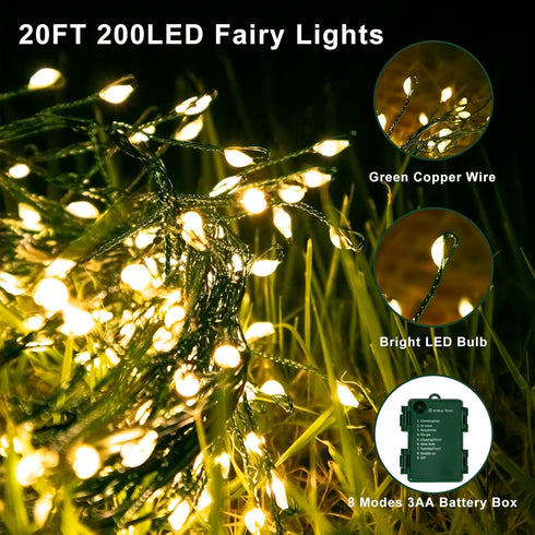 Operated,20Ft 200LED White,2 Pack FairyGlim Outdoor Fairy Lights Battery Green Copper Wire Cluster Lights