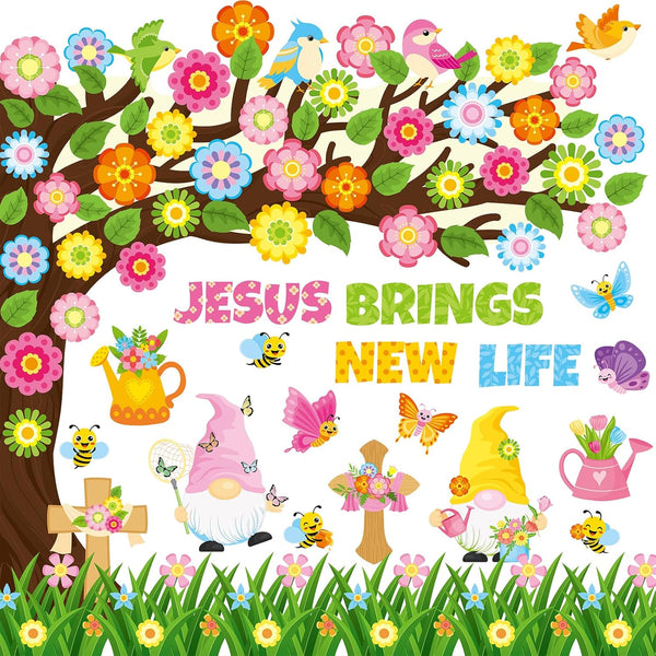 Zonon 114 Pcs Christian Spring Classroom Bulletin Board Decorations, Flower Tree Set for Sunday School Kids Office