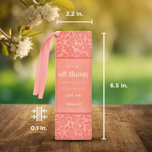 Christian Art Gifts Premium Vegan Leather Scripture Bookmark for Women, He Works All Things, Inspirational Bible Verse