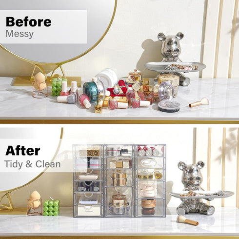 Prsildan Acrylic Drawer Organizer Set of 3 with 15 Drawers, Clear Stackable Storage for Makeup, Jewelry, Office