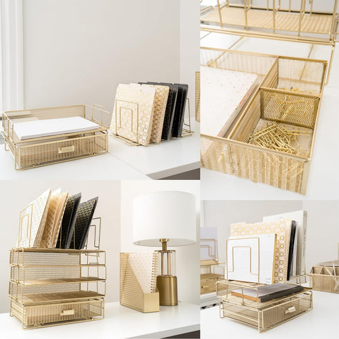 Gold Desk Organizer, Gold Office Accessories Set for Women, Includes Detachable File Organizer, Stackable Paper Tray,