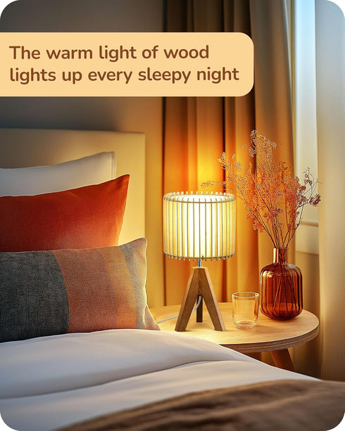 14.17" E26 EDISHINE Small Table Lamp, Wood Tripod Bedside Lamp, Natural Wood-Colored Hollow & White PVC Shade, Base