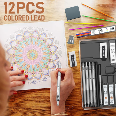 Four Candies Metal Mechanical Pencil Set, 3PCS 0.5, 0.7, 0.9MM & 2PCS 2MM Pencils with 420PCS Leads for Drawing (Silver)