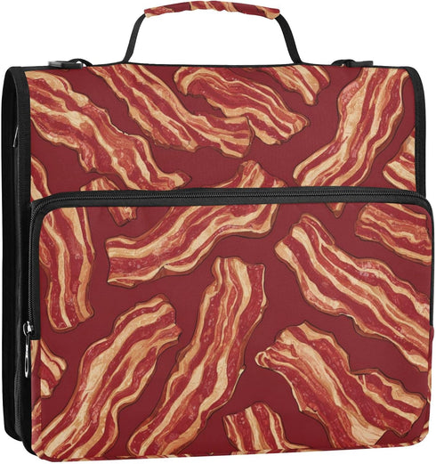 Fisyme 3 Fried Bacon Cartoon Zipper Binder Ring with Zipper and Shoulder Strap Large Capacity Multi-Pocket Binder