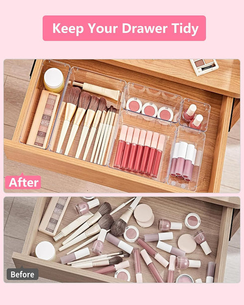 Asnews Set 13, 5-Size Makeup Drawer Organizers of Vanity Organizer Trays, Stackable Bathroom & Desk Drawer Organizer