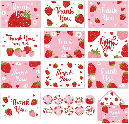 Whaline 50 Pcs Strawberry Thank You Cards Greeting Cards with Envelopes Stickers