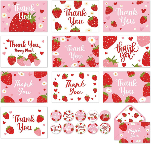 Whaline 50 Pcs Strawberry Thank You Cards Greeting Cards with Envelopes Stickers
