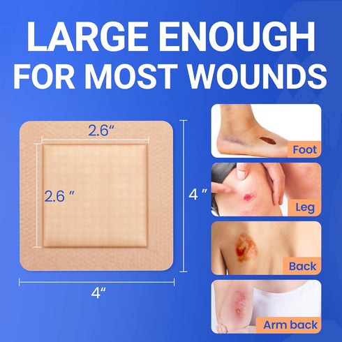 4x4 10 Large Waterproof Bandages Silicone Foam Dressing for Sensitive Skin Wound Care, Adhesive Cohesive Pad