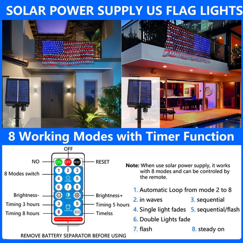 420 4th Solar American Flag String Lights - Waterproof Led Solar Powered Flag Net Light for of July Memorial Day
